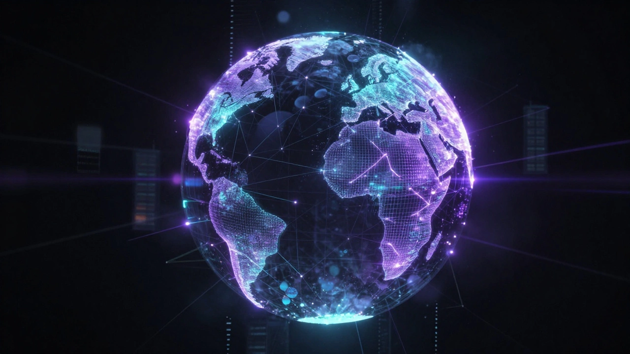 Neon wireframe globe with pulsating network connections over dark background