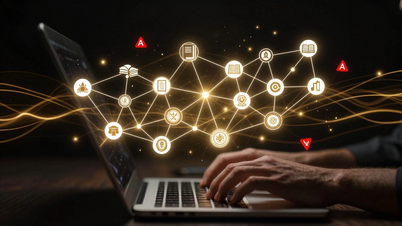 Neural network visualization linking human input to trusted academic sources while flagging low-quality domains.