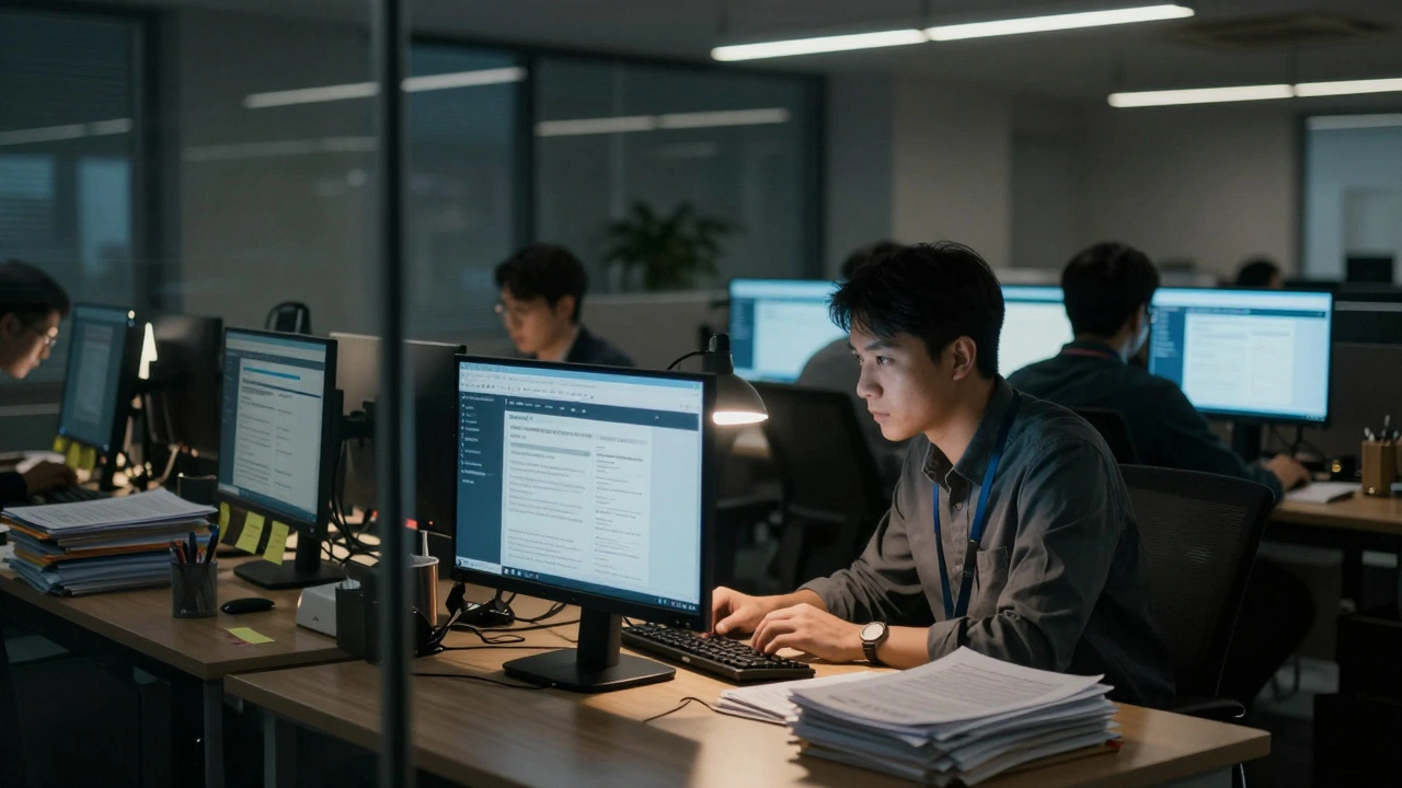Newsroom journalist researching at desk with multiple computer monitors