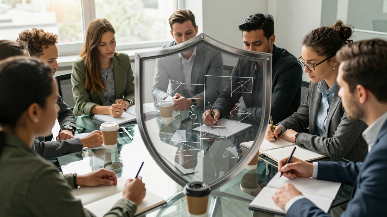 Newsroom team collaborating with translucent protective shield overlay.