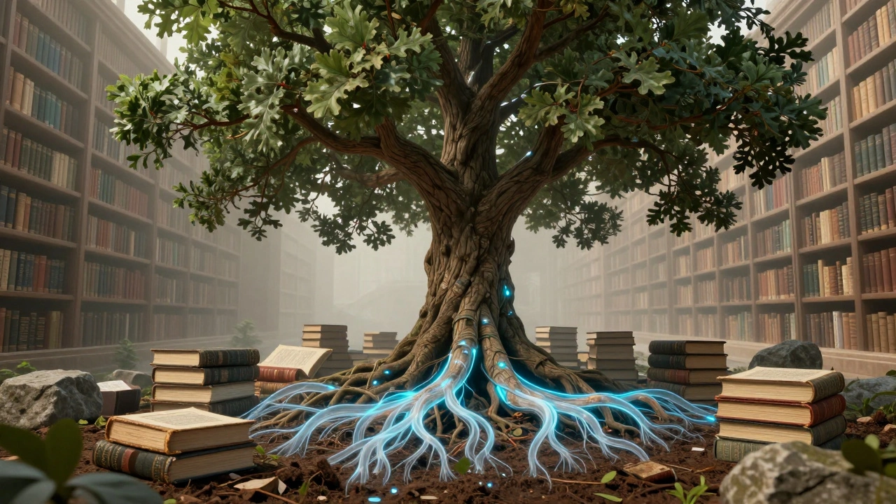 Oak tree growing from stone foundation with digital roots