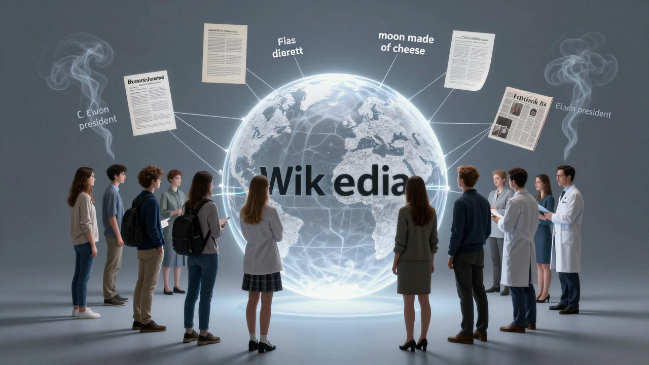People around a Wikipedia globe connected to verified sources, while false claims vanish into smoke.