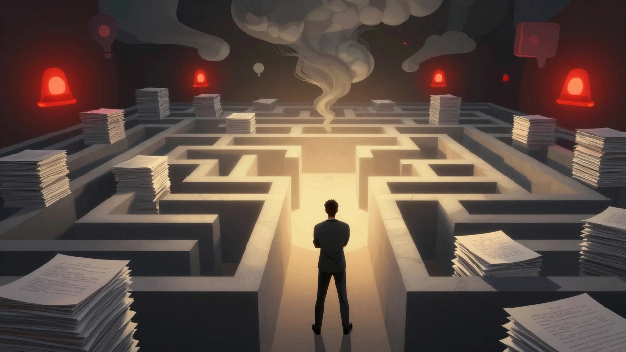 Person overwhelmed by bureaucratic maze of rules and paperwork