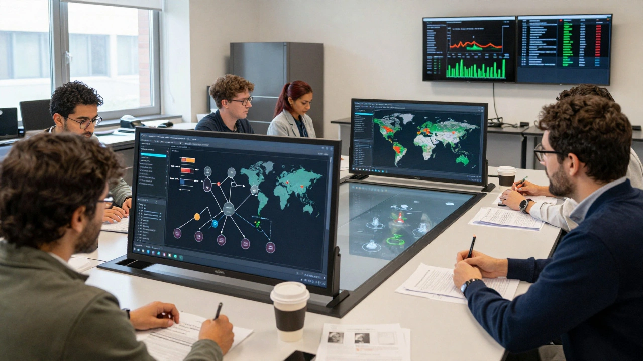 Researchers in a lab studying real-time Wikidata visualizations on touchscreens, with academic papers and coffee cups on the desk.
