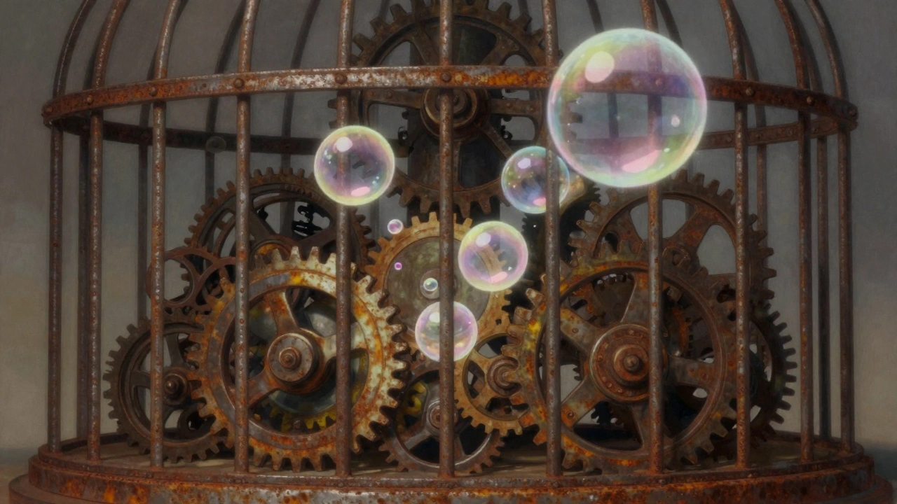 Rusted mechanical gears pierced by floating soap bubbles in a surreal artistic composition.