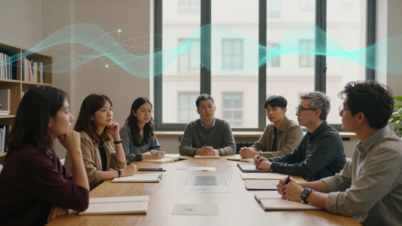 Scholars at a table with abstract visualizations hovering overhead.
