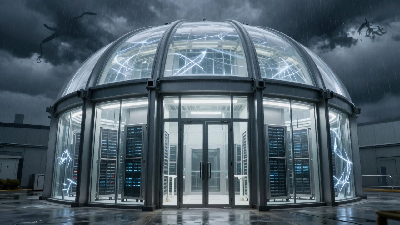 Secure data vault protected by shields against shadowy storms.