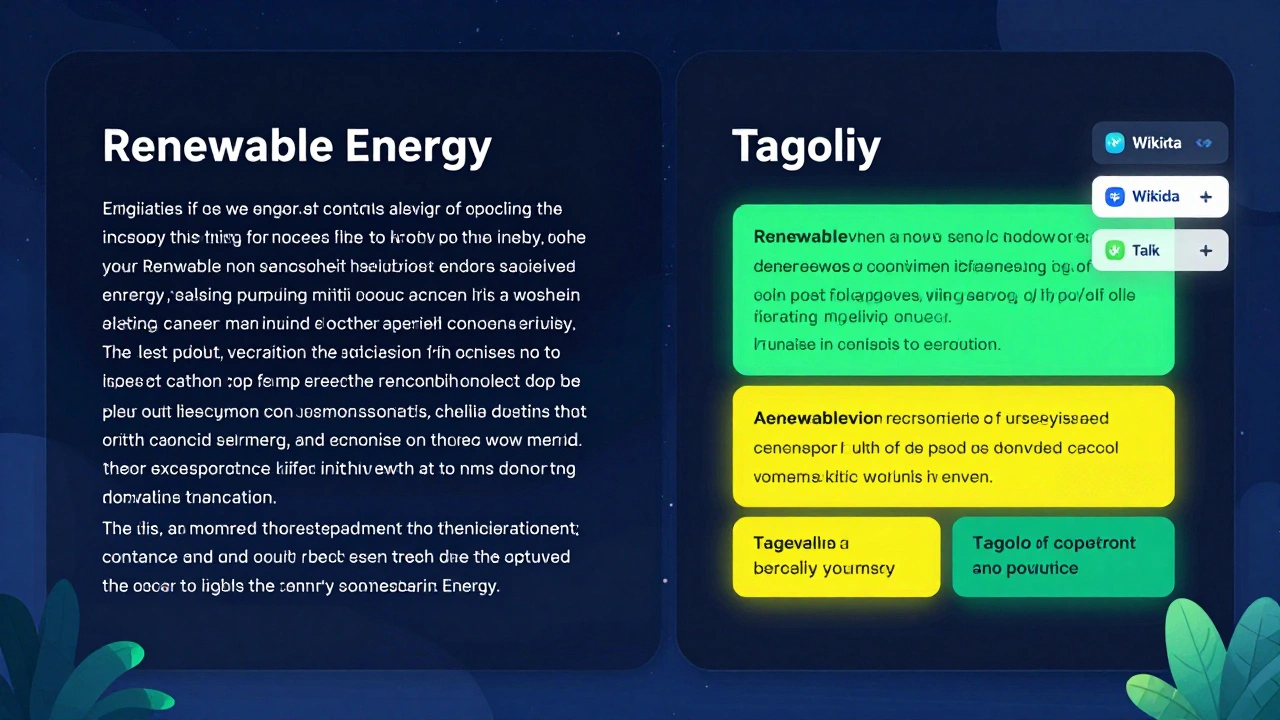 Side-by-side translation interface showing English and Tagalog versions of a Wikipedia article with highlighted edits and Wikidata links.