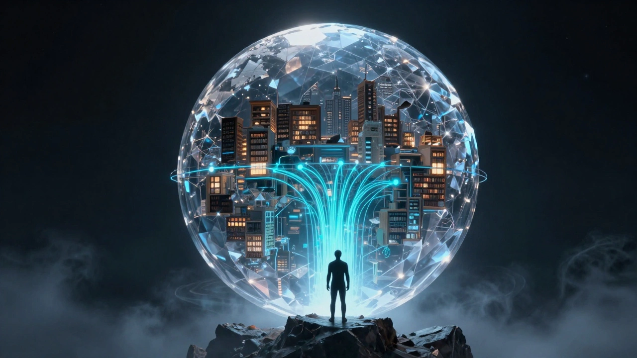 Silhouette touching a glowing globe of connected cities.