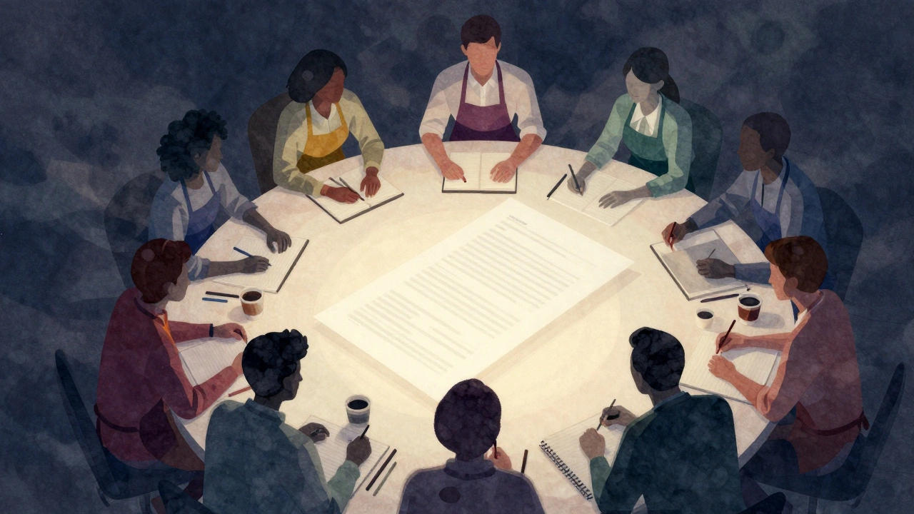 Silhouettes collaborating around glowing central document