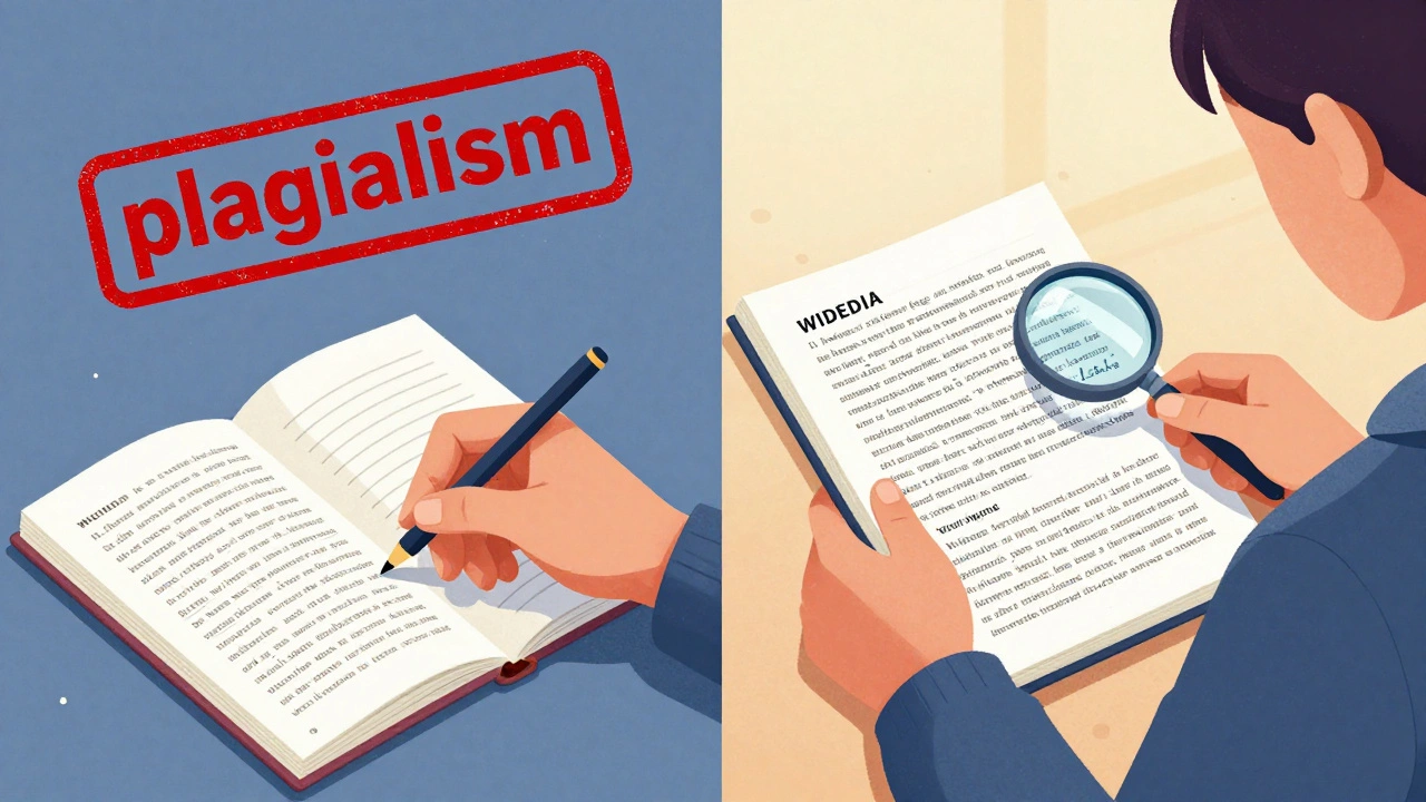 Split image: one side shows plagiarism with a red stamp, the other shows proper research with a journal and citation.