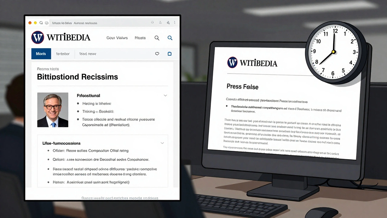 Split image: outdated Wikipedia infobox vs. official press release with clock indicating time pressure.