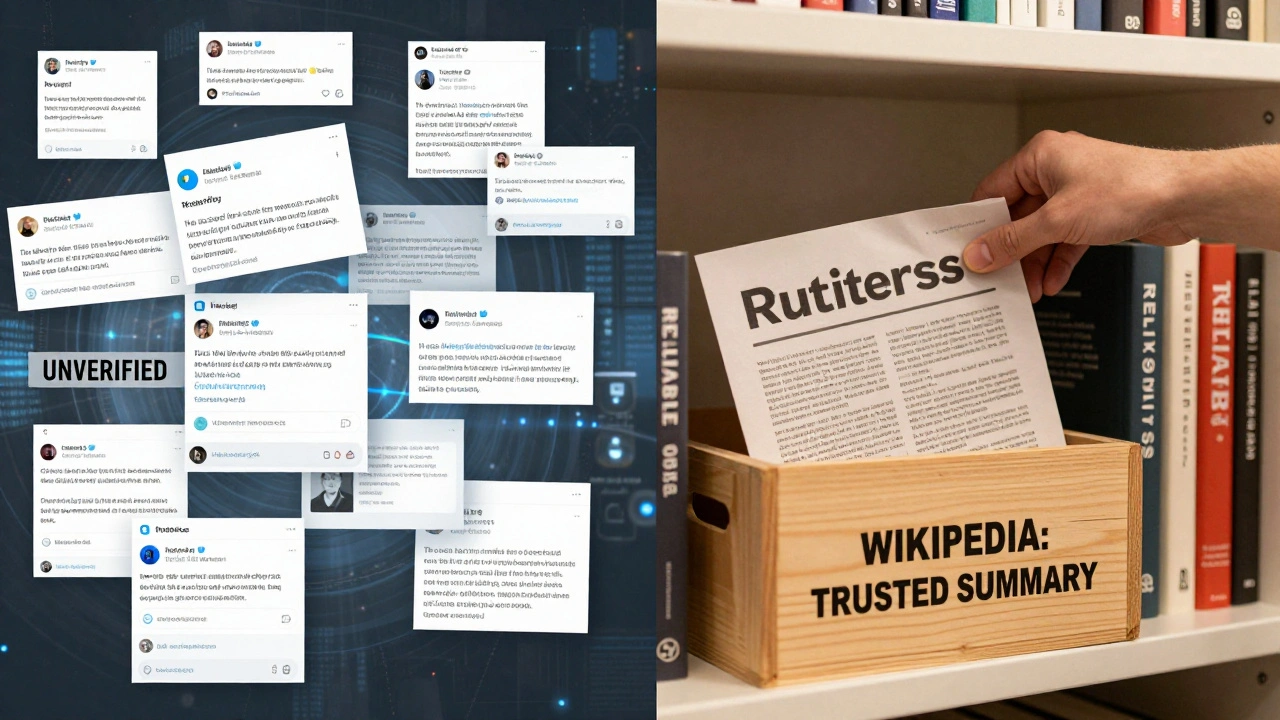 Split scene: chaotic unverified digital noise on one side, orderly reliable news sources on the other.