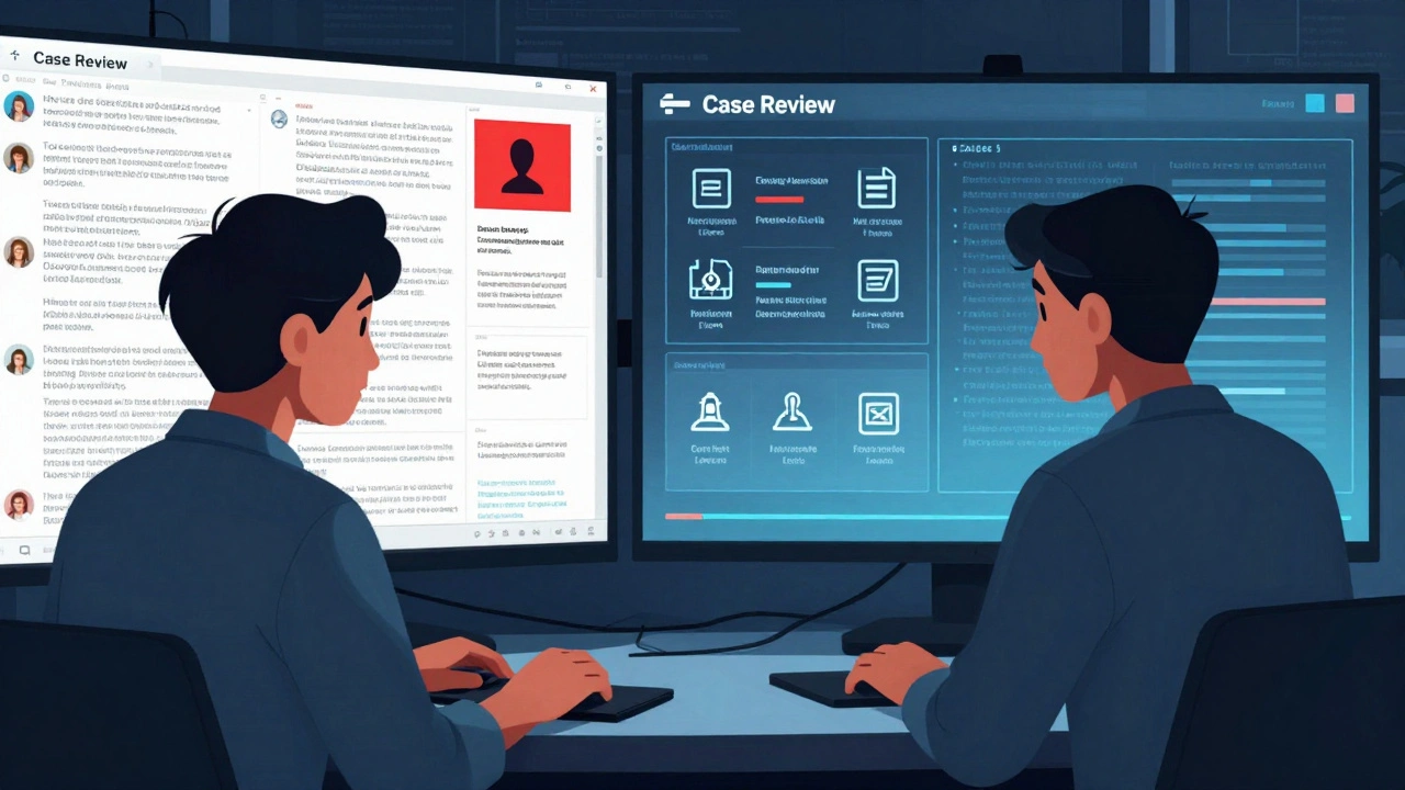 Split scene showing harassment on one side and Case Review Team analyzing evidence on the other.