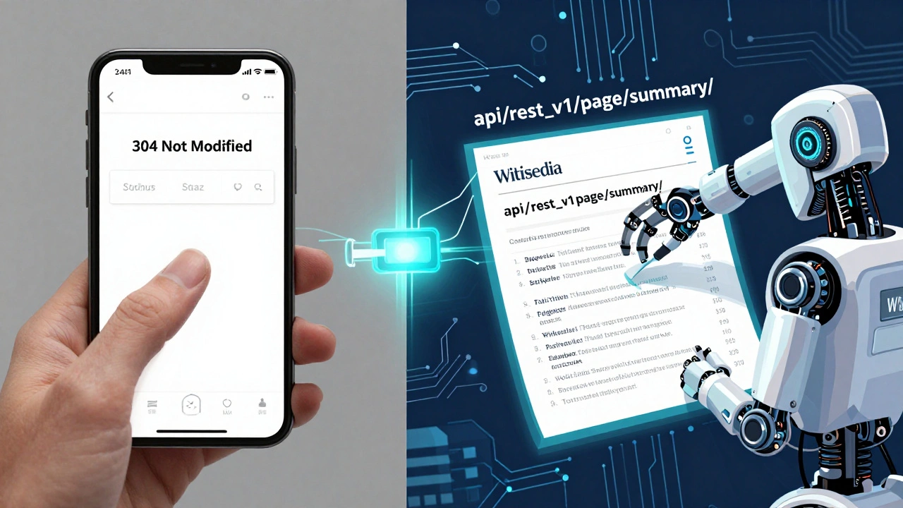 Split-screen: user tapping phone with 304 status and bot updating Wikipedia content, connected by glowing API line.