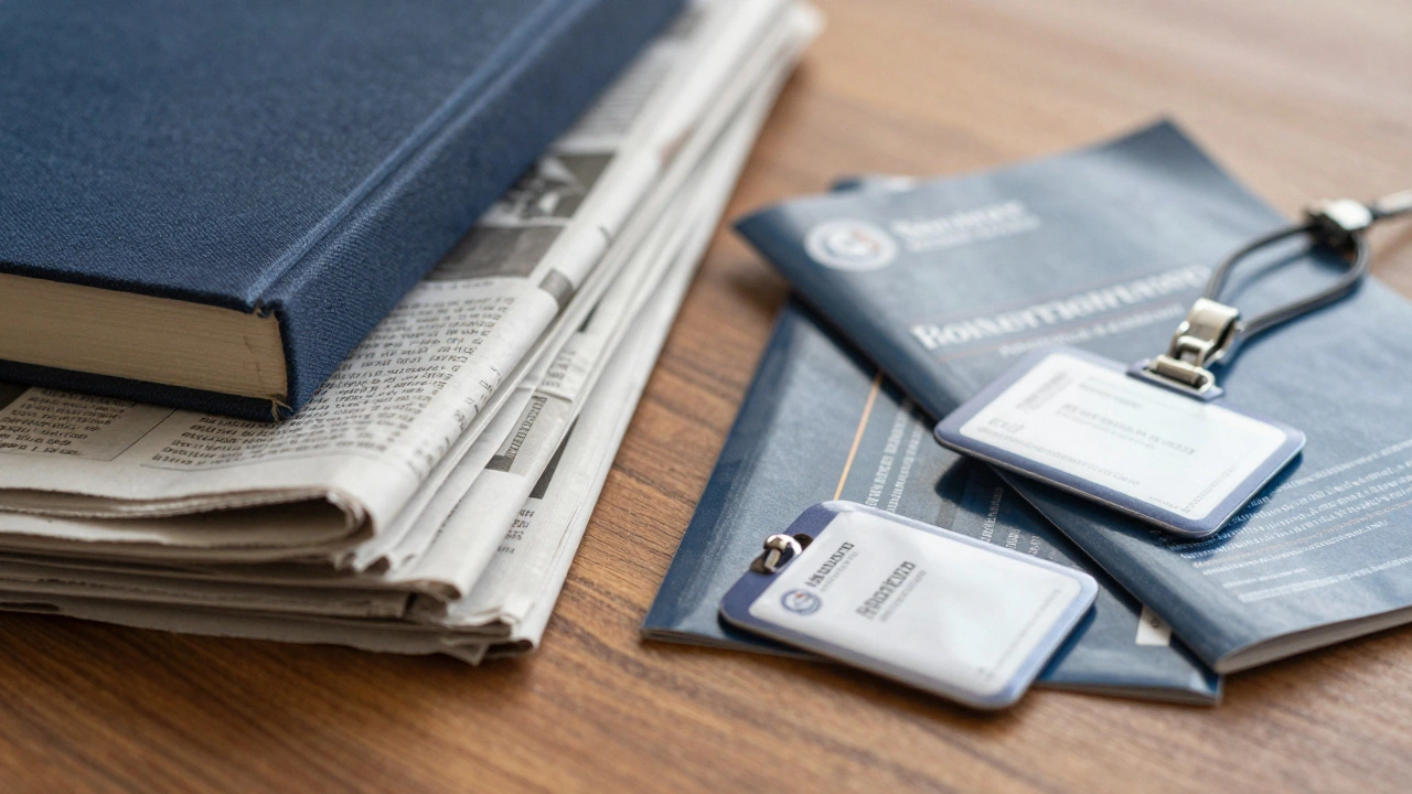 Stack of newspapers next to glossy brochures on desk