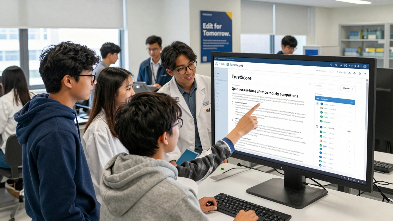 STEM students in a university lab examining Wikipedia's TrustScore system on a large touchscreen.