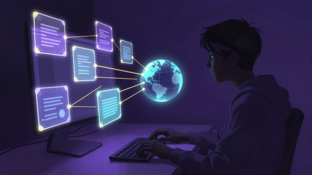 Student surrounded by floating data symbols representing knowledge verification.