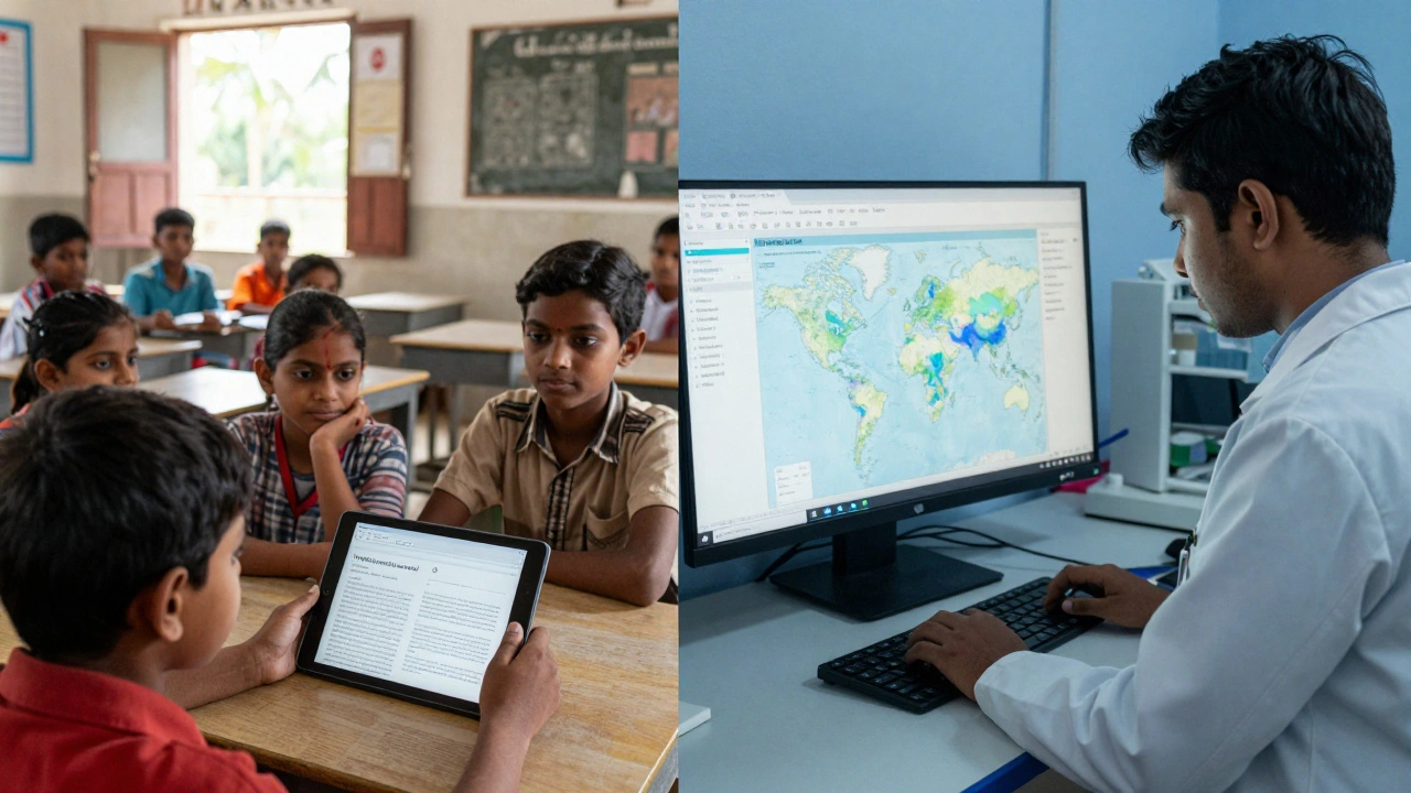 Students in India using Wikipedia on a tablet while a scientist in Europe uses Wikidata for climate research.