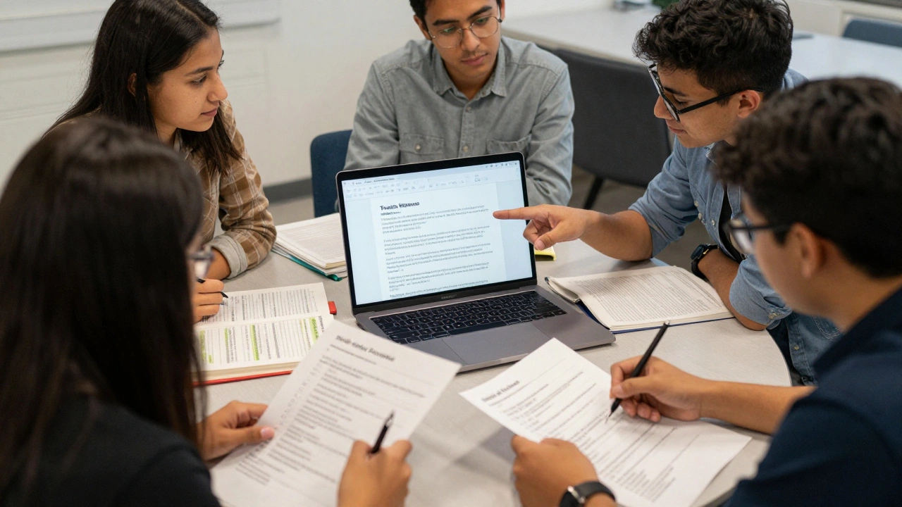 Students reviewing each other's Wikipedia edits using a checklist during peer review session.