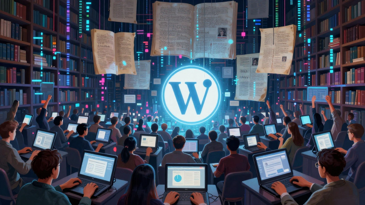 Thousands of hands typing on devices, forming a digital mosaic that rewrites a Wikipedia page in real time.