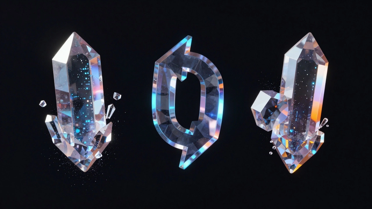 Three crystals showing crumbling, reflecting, and fusing.