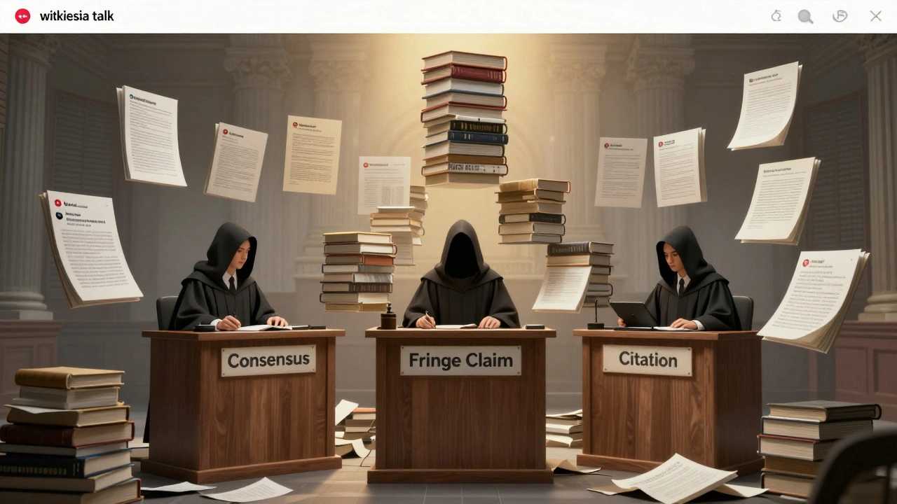 Three editors in hooded robes debating on a talk page surrounded by towering journals and crumbling unverified claims.