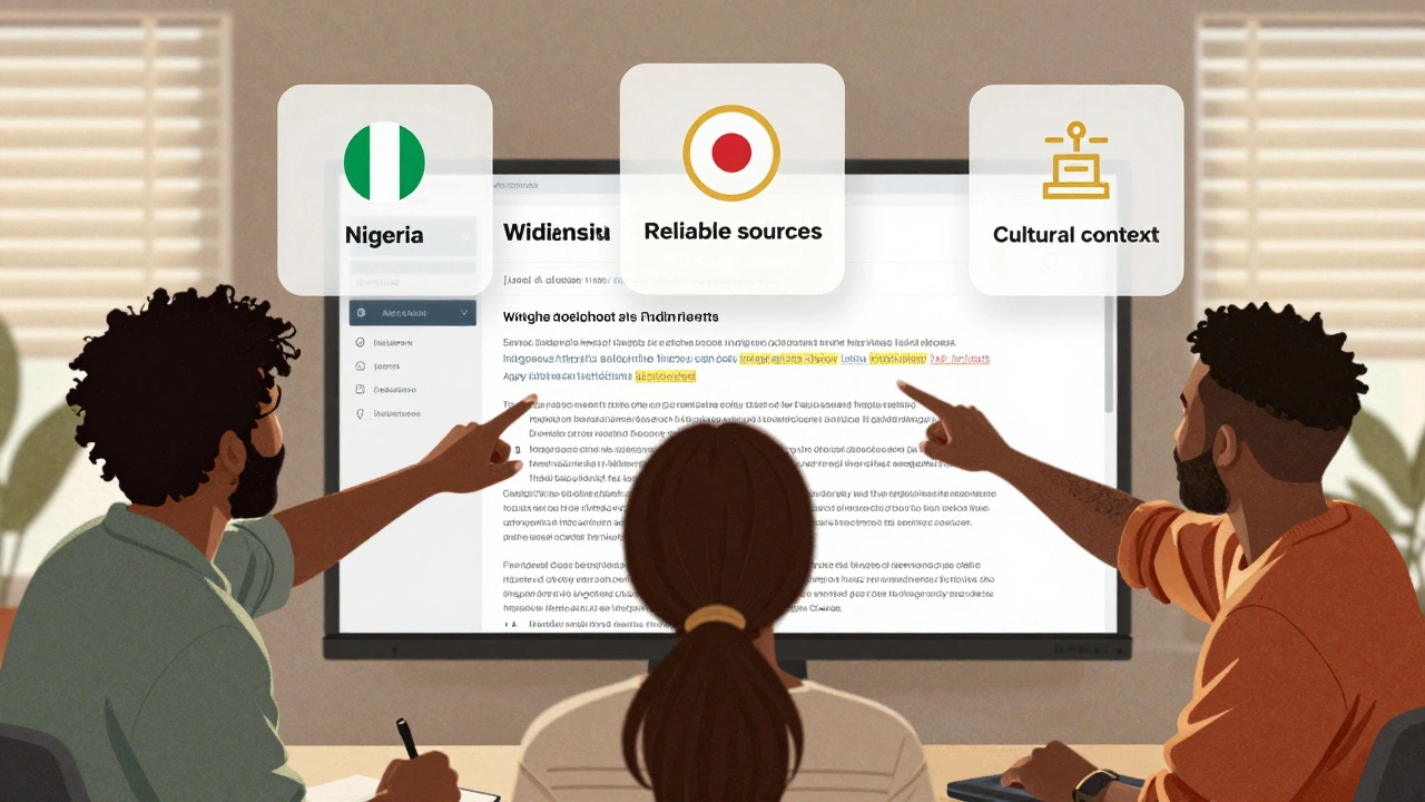 Three global editors collaborating on an article about Indigenous history, with policy icons floating above them.