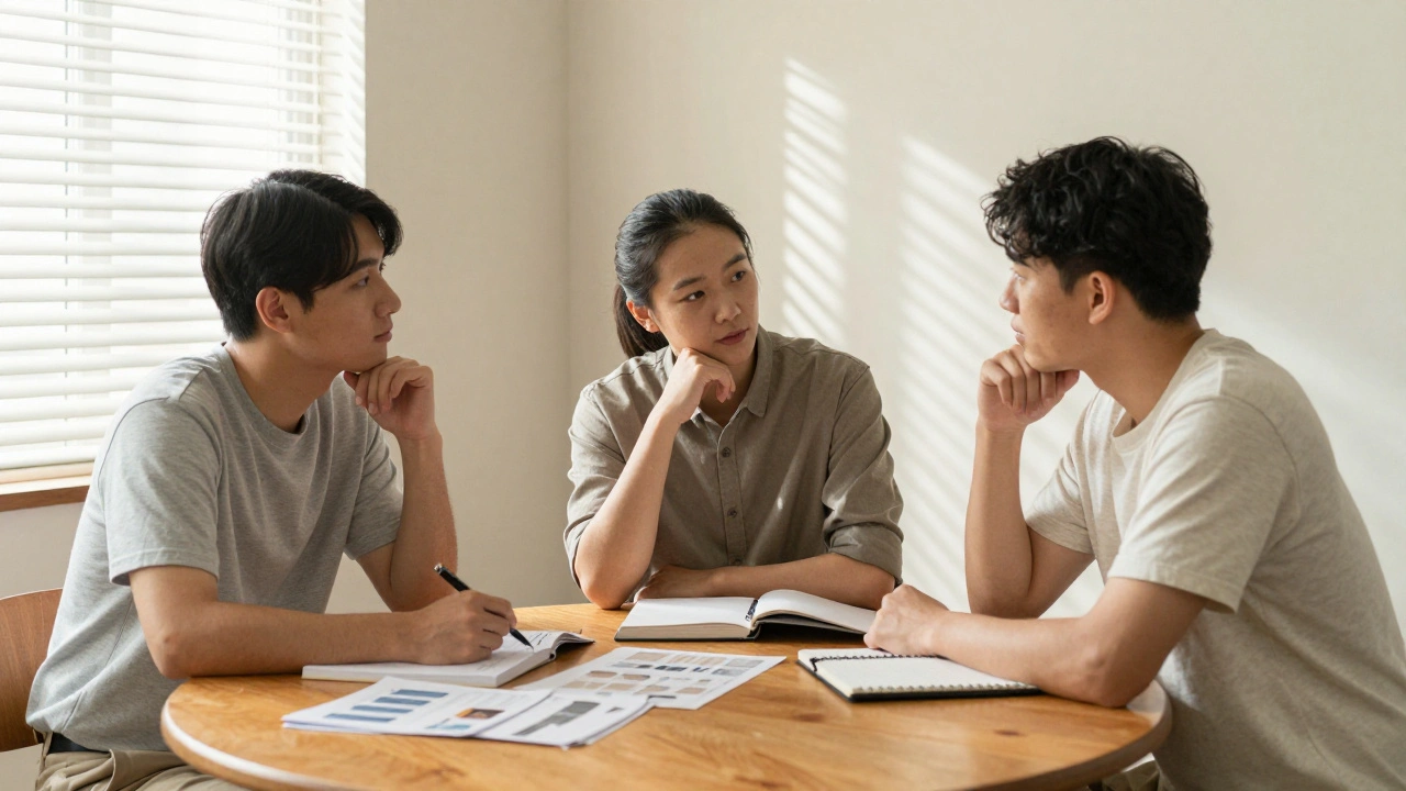 Three people collaborating at round table during discussion