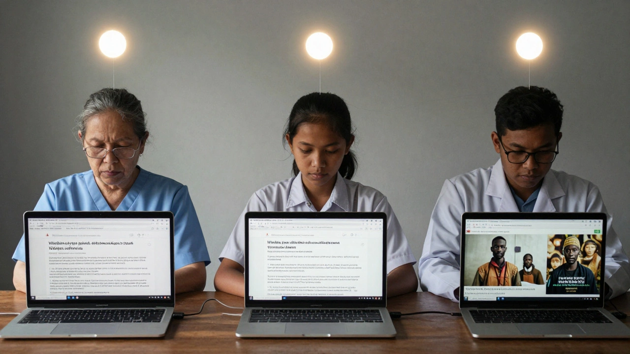 Three people from different parts of the world, each editing Wikipedia on their laptop, with a small glowing badge above each screen.