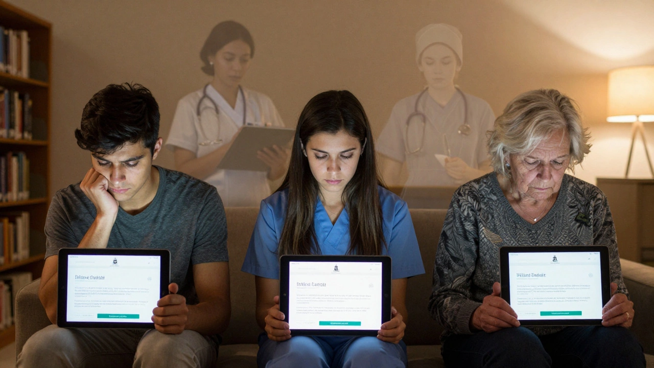 Three volunteers from different walks of life silently facing Wikipedia conflict on their screens.