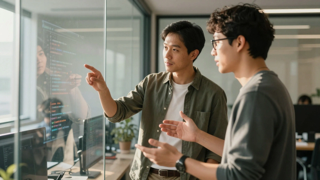 Two developers collaborating and reviewing work in an office.