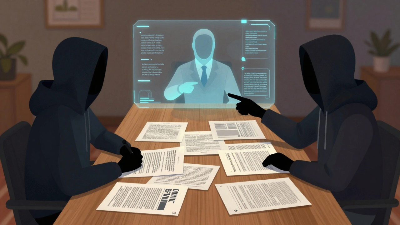 Two editors in a virtual mediation room reviewing source documents under a translucent mediator hologram.
