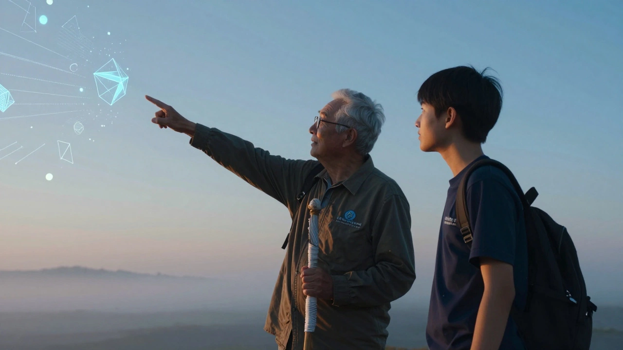 Two generations of volunteers stand before a horizon of floating data shapes at sunrise.