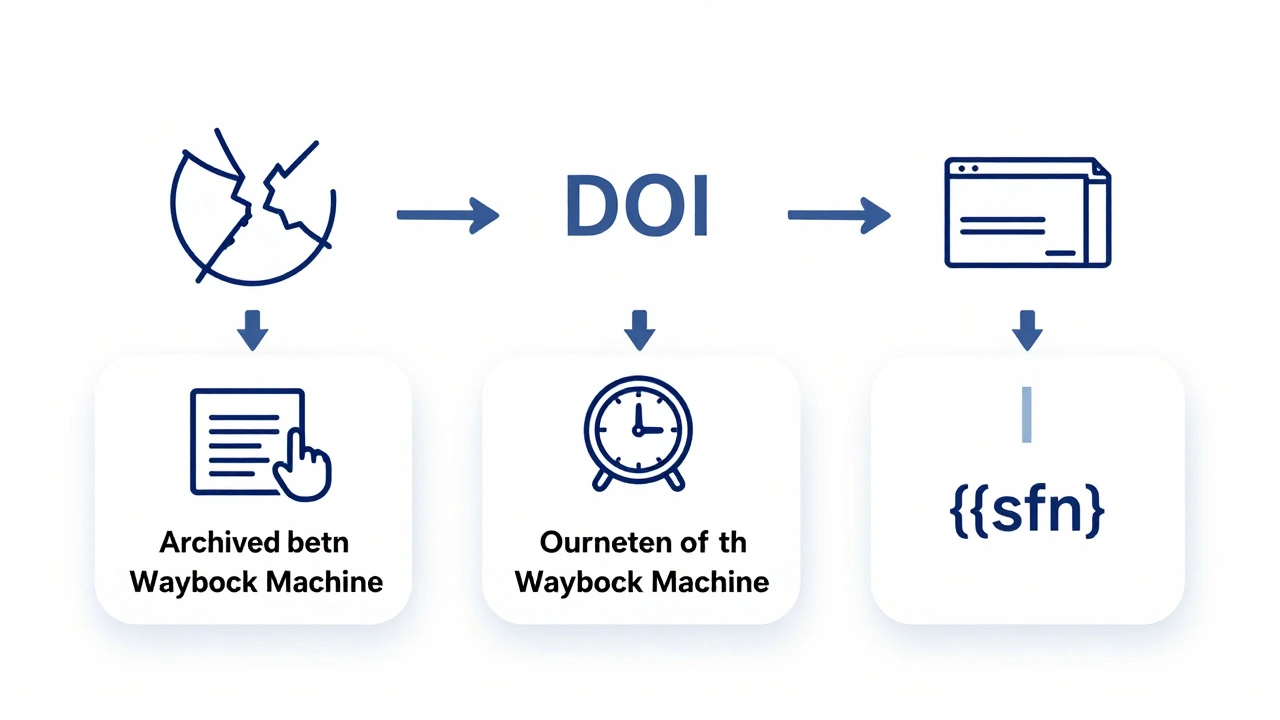 Visual workflow showing broken links being converted to DOIs, archived, and citations standardized.