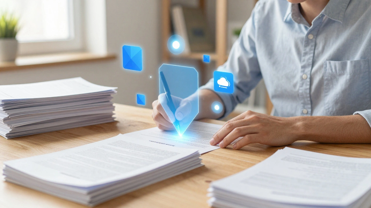 Volunteer editor with abstract tech tools working at wooden desk.