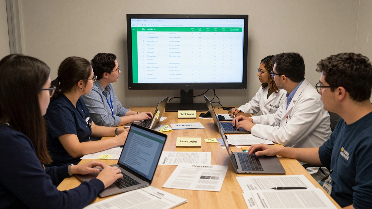 Volunteer editors reviewing medical sources using journals, laptops, and MEDMOS checklists in a collaborative workspace.