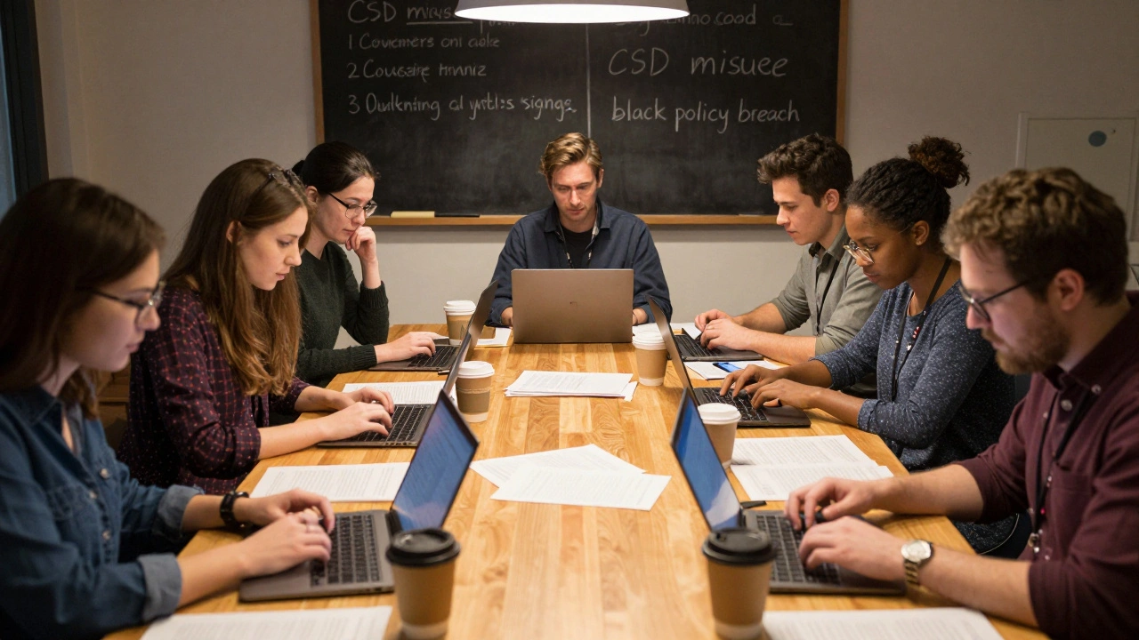 Volunteer editors reviewing printed audit logs and laptops at a wooden table under warm lighting.