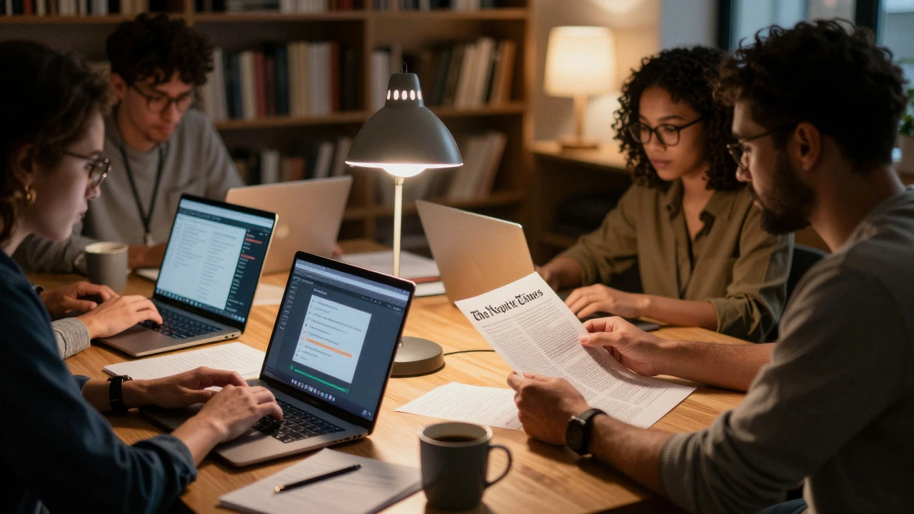 Volunteer editors updating Wikipedia pages using news articles and bot alerts in a quiet, well-lit room.