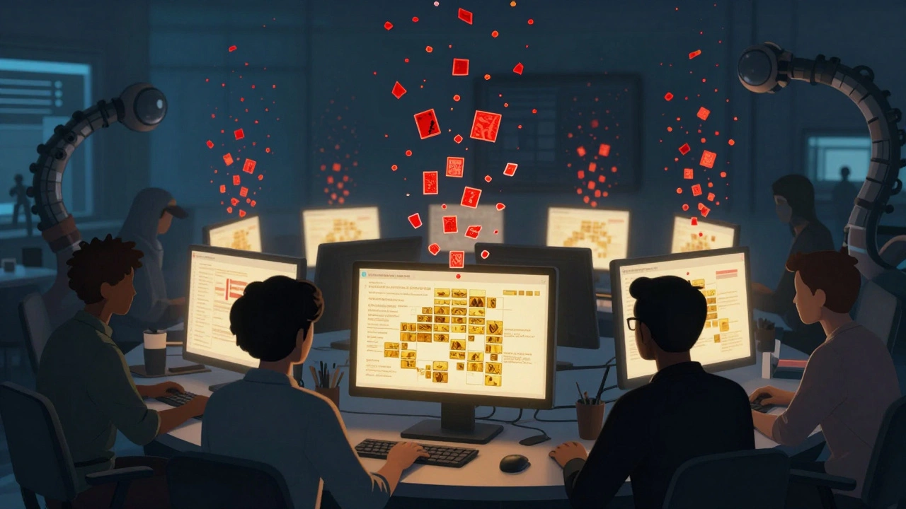 Volunteers filter digital noise into organized blocks while monitoring glowing screens