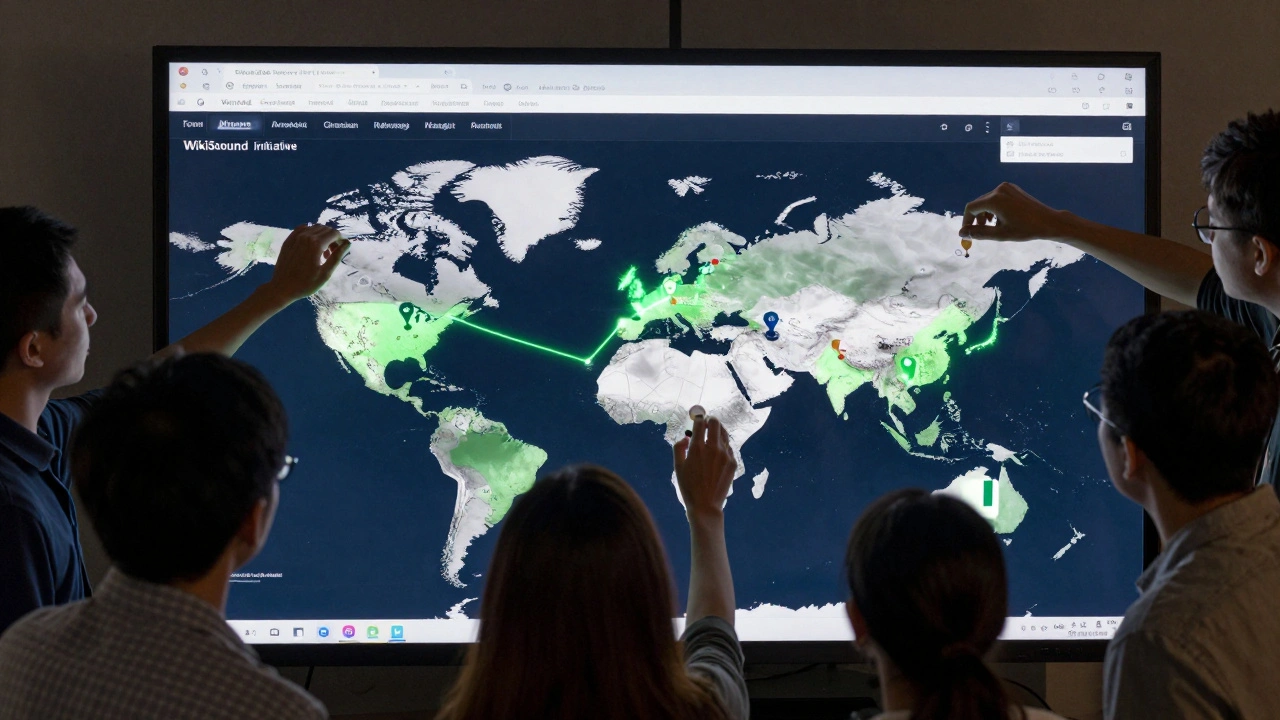 Volunteers from Brazil, India, Nigeria, and Japan collaboratively create Wikipedia pages for non-Western music events on a glowing global map.