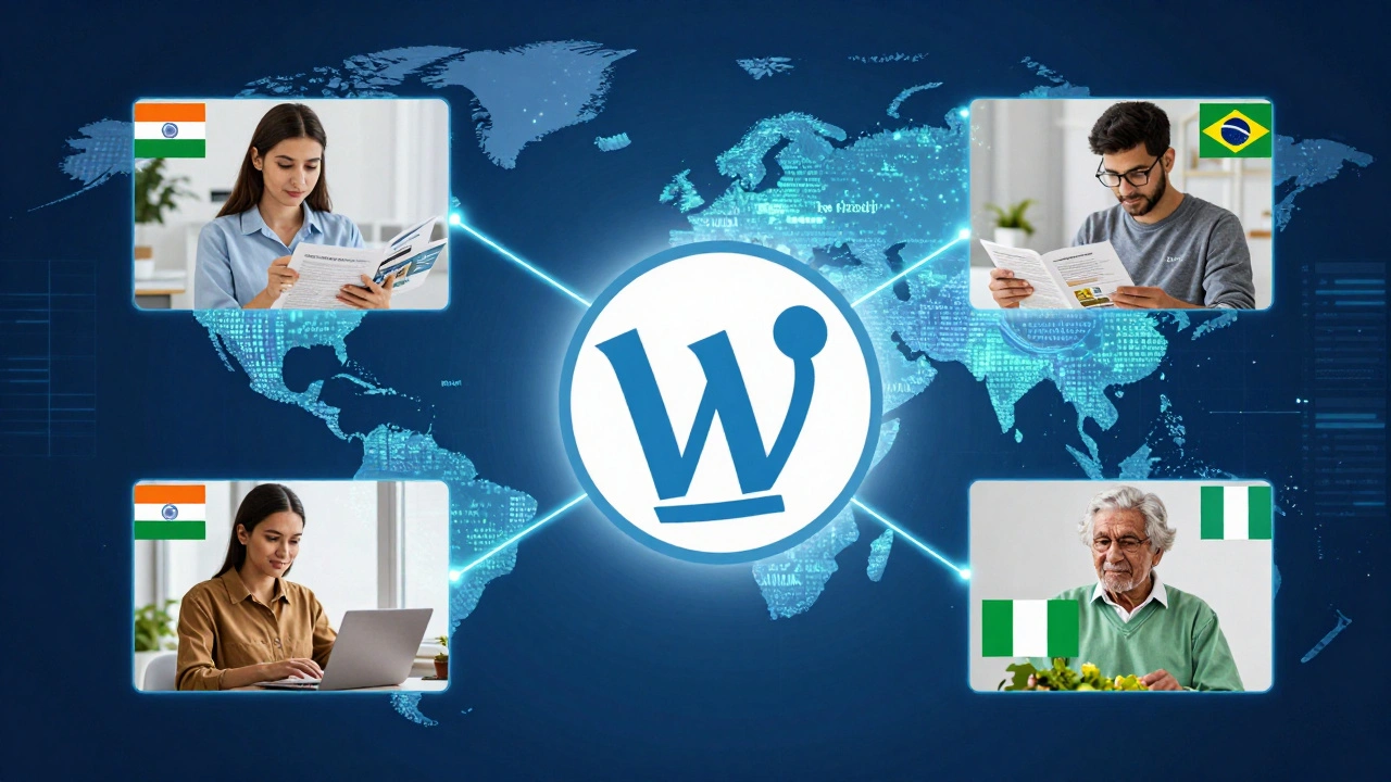 Volunteers from India, Brazil, and Nigeria translating Wikipedia articles, connected visually to a global map of knowledge sharing.