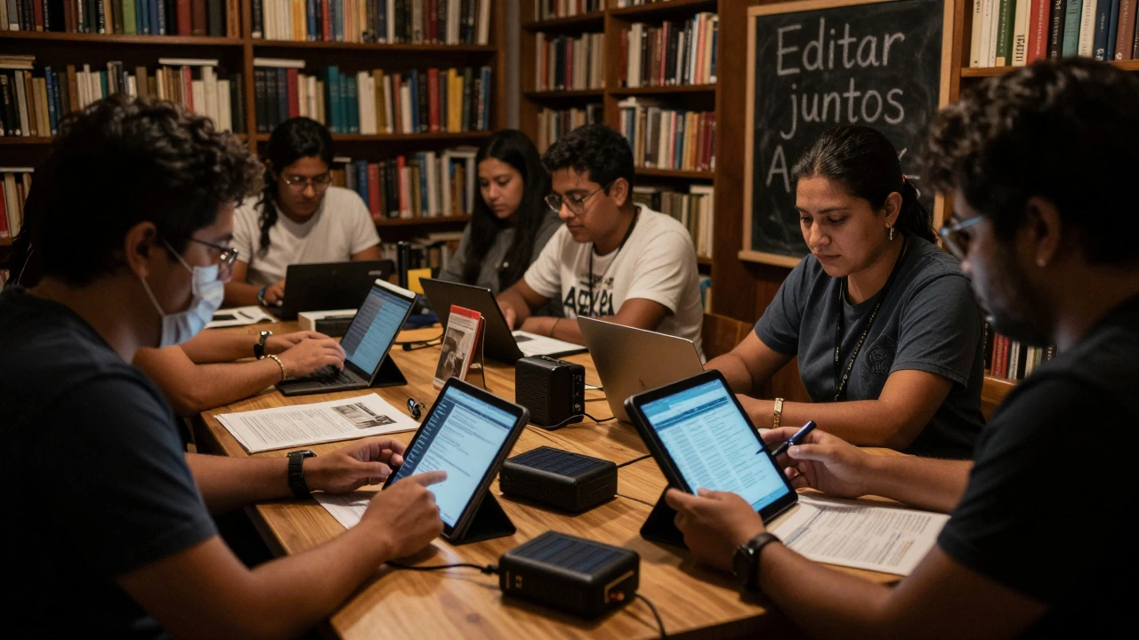 Volunteers in a Latin American library using offline Wikipedia tools under warm lighting.