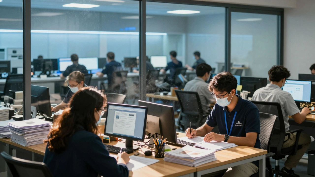 Volunteers in sunny room versus pros in dark control center.