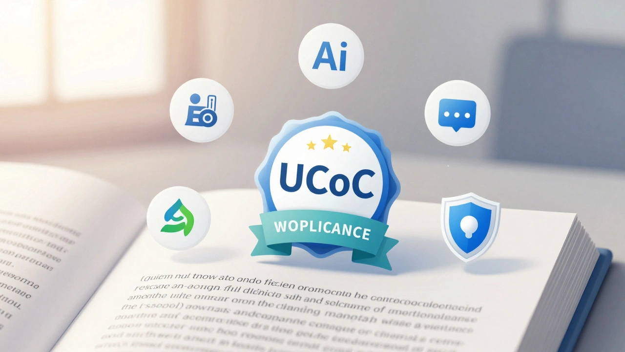 Wikipedia article with UCoC compliance badge and icons representing AI moderation and support tools.