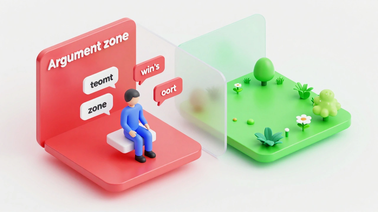 3D illustration of a user separated from a conflict zone by a transparent wall.