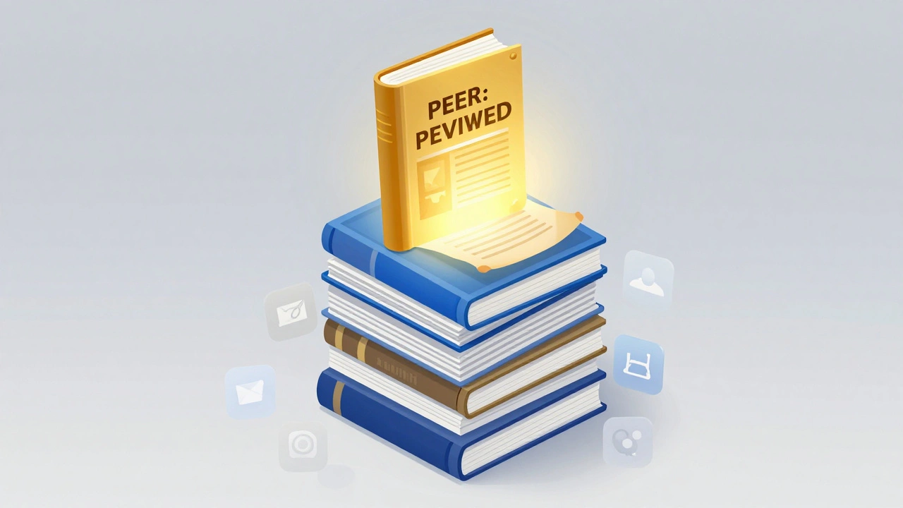 3D isometric diagram showing a hierarchy of sources from social media up to academic journals.