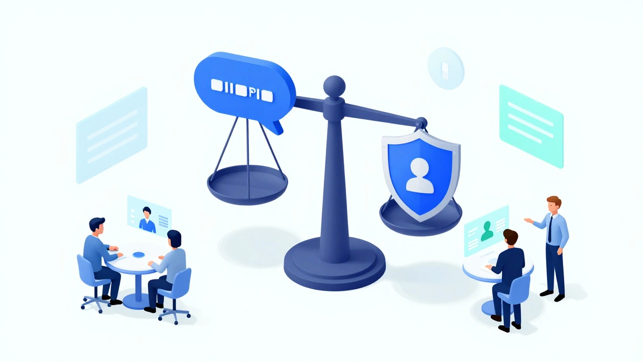 3D isometric illustration of a scale balancing speech and protection in a digital hub.