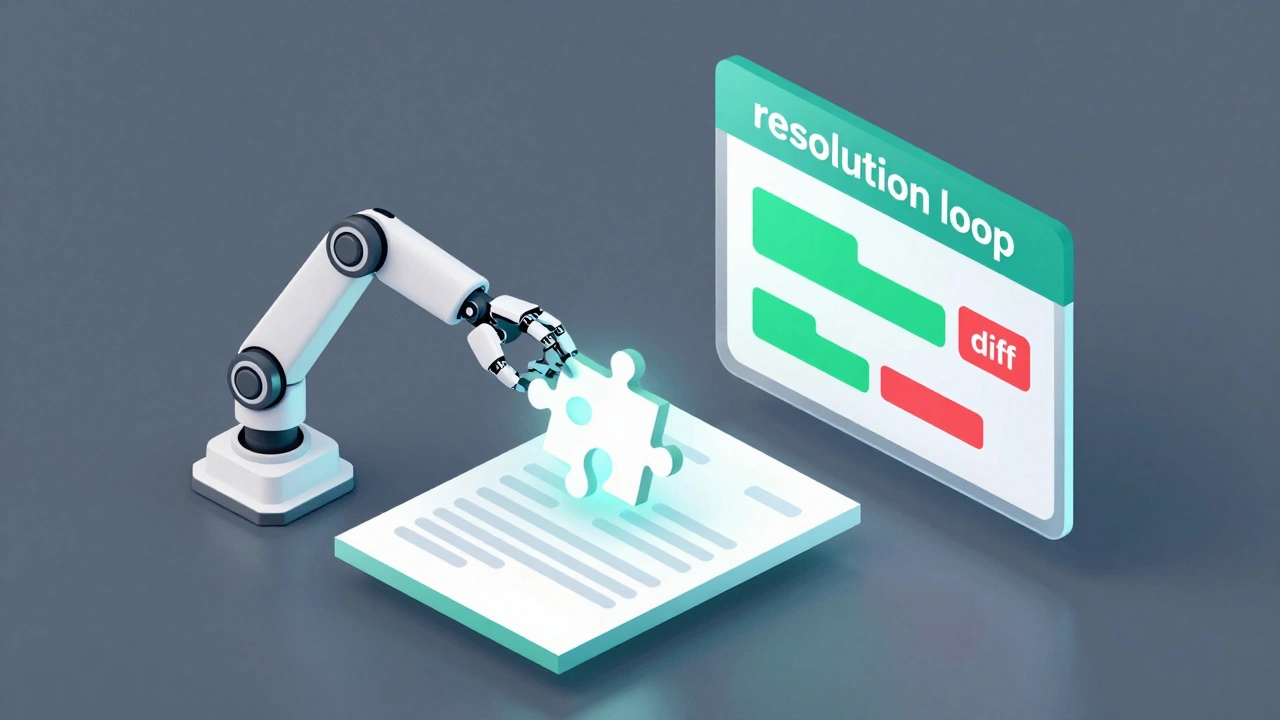 3D isometric view of a robot arm merging data into a digital document