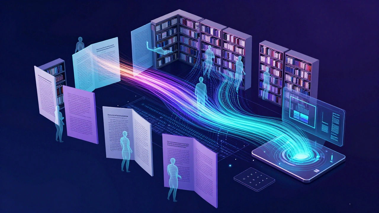 3D visualization of digital pages and data streams being edited by multicolored light trails.